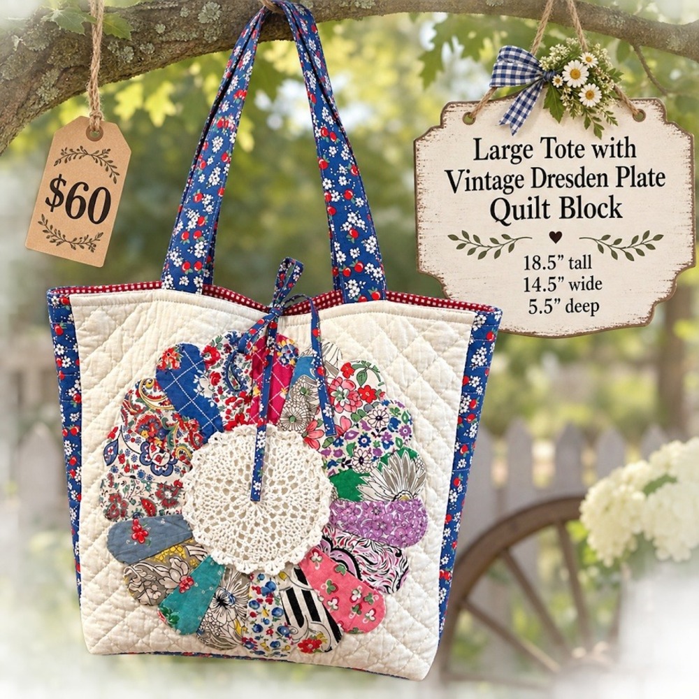 Vintage DRESDEN PLATE Quilt Upcycled Tote Bag Purse - Gorgeous! (#3033)